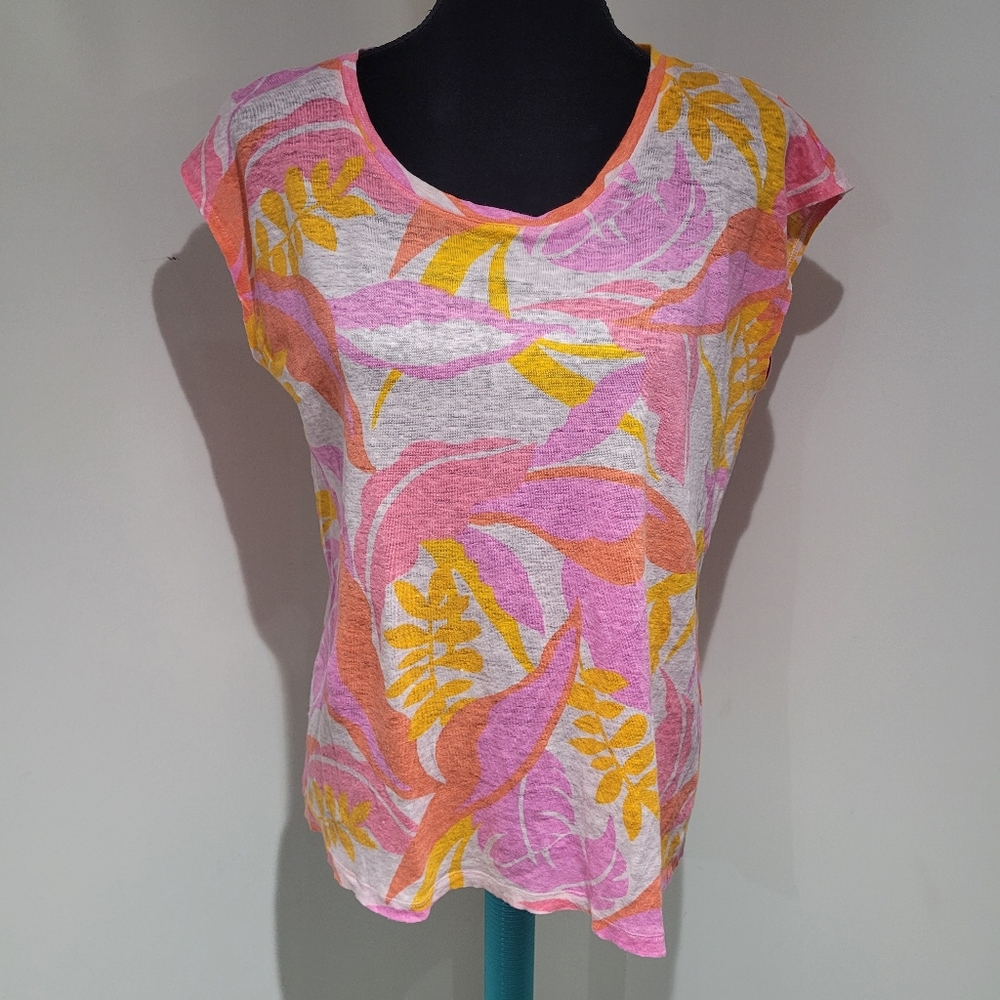 C&C California Women's Linen Colorful T-Shirt Medium White Pink Yellow Casual